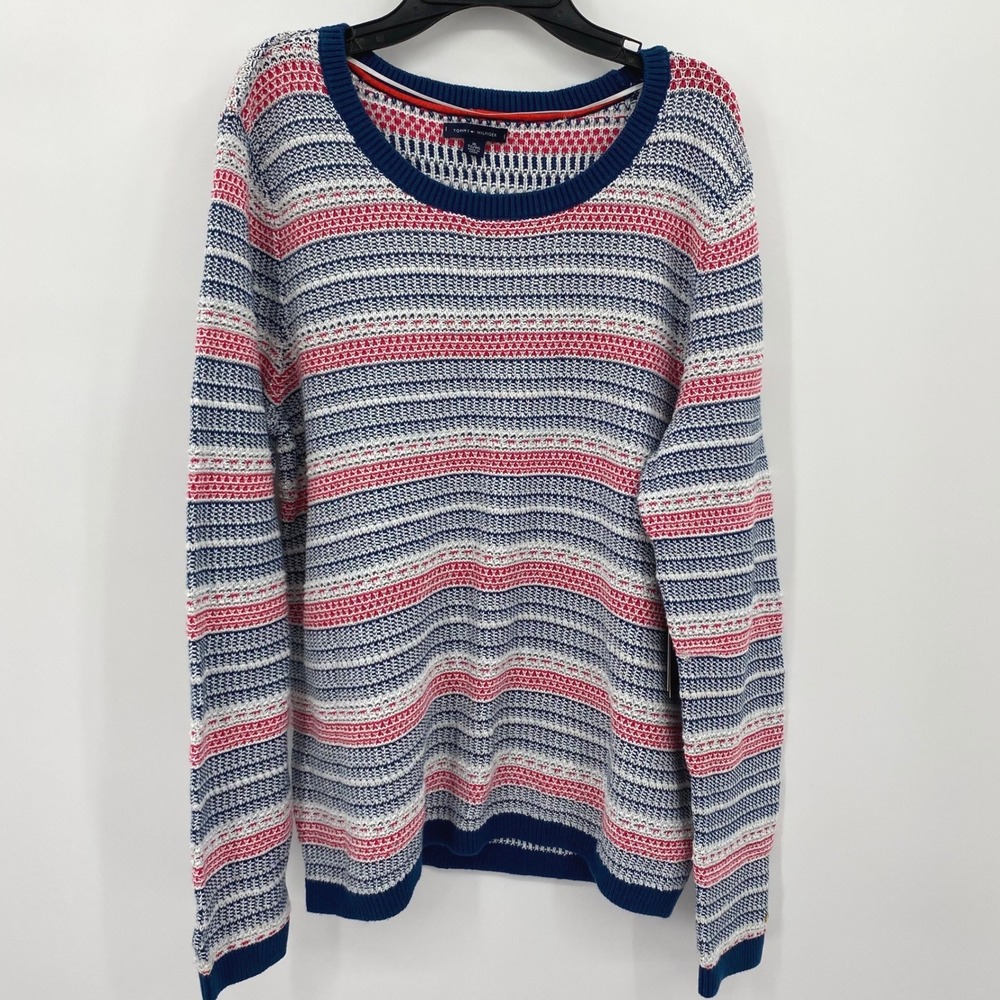 Tommy Hilfiger Women's Striped Knit Sweater XL Blue Hot‎ Pink White Sparkle, NWT